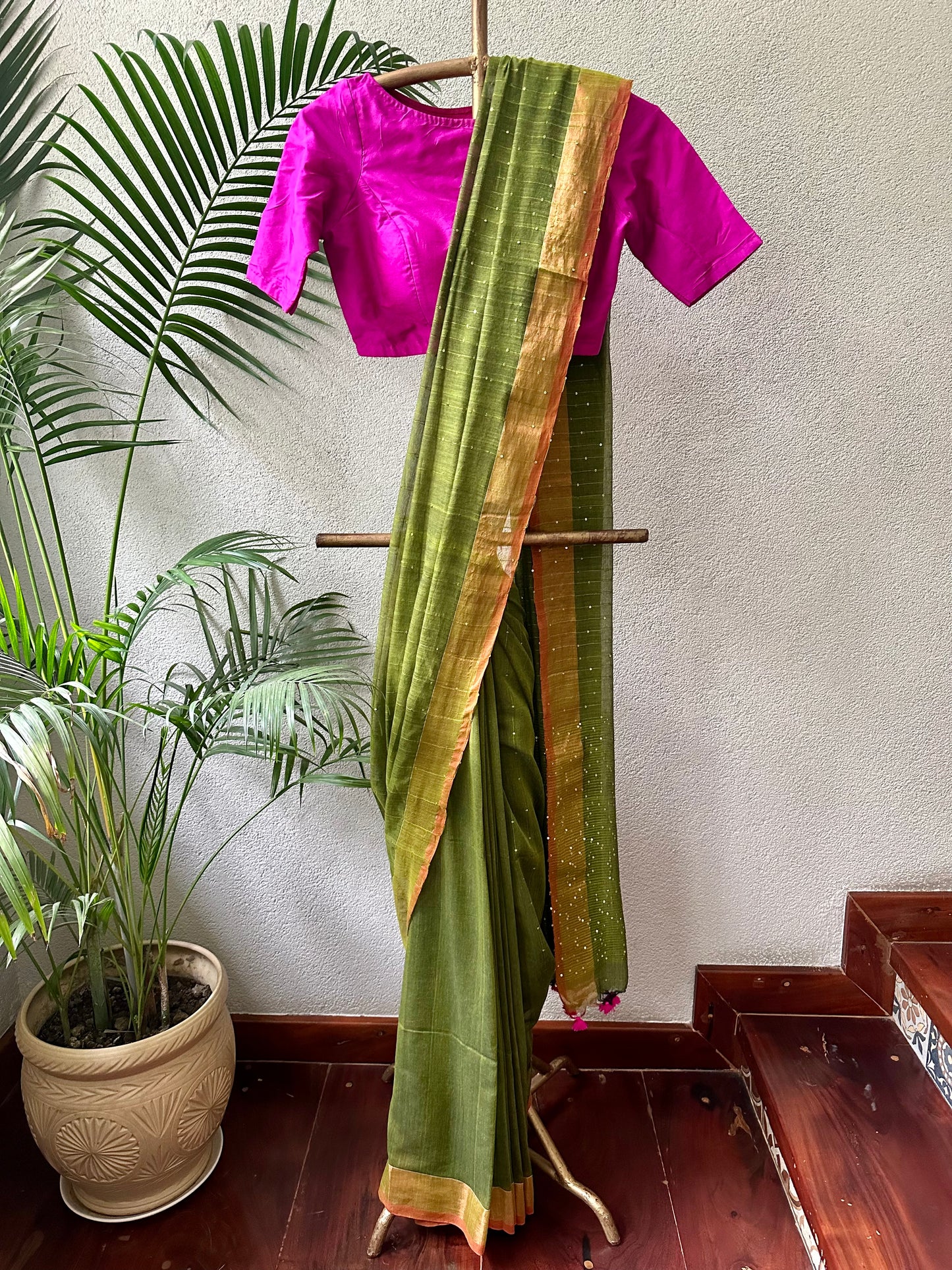 GREEN SEQUIN MUL COTTON SARI