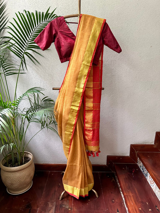 MUSTARD RED LINEN SARI