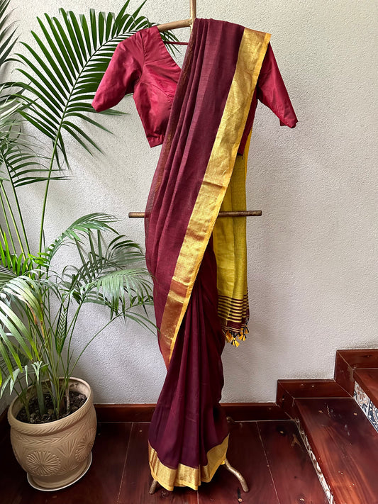 MUSTARD MAROON LINEN SARI