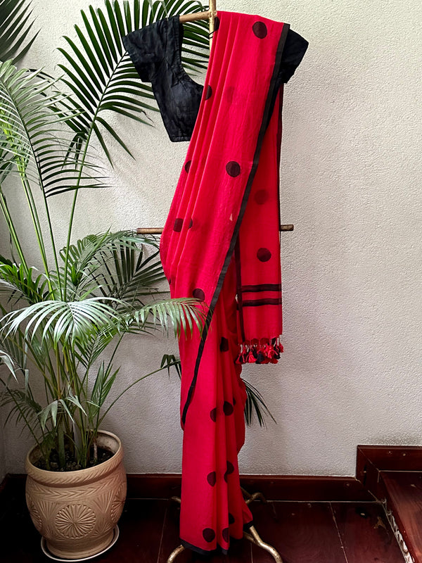 RED BLACK COLOUR TASSEL   MUL COTTON  SAREE