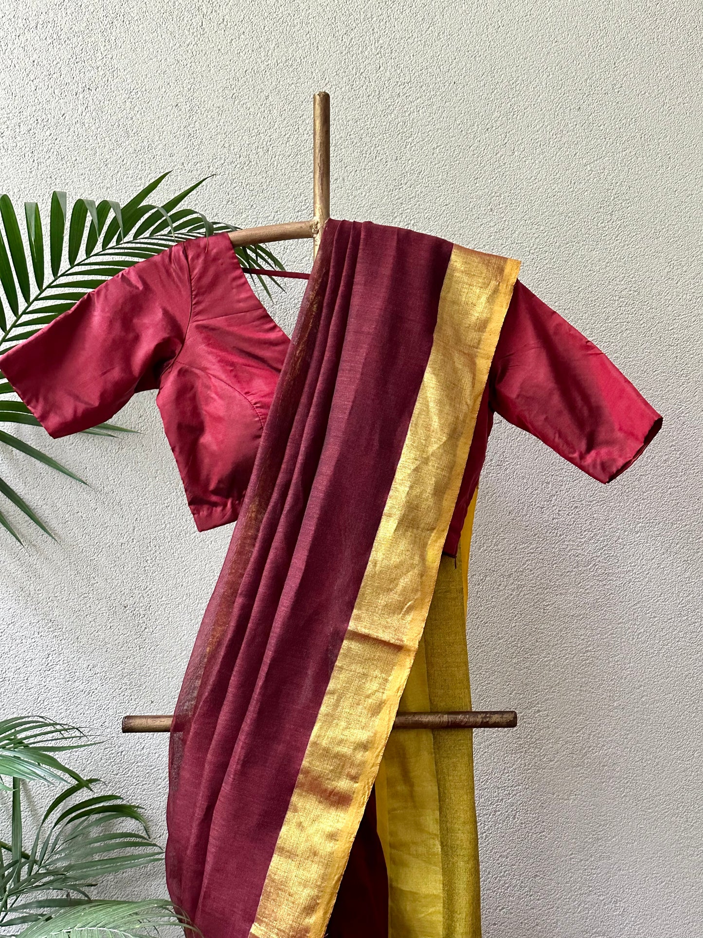 MUSTARD MAROON LINEN SARI