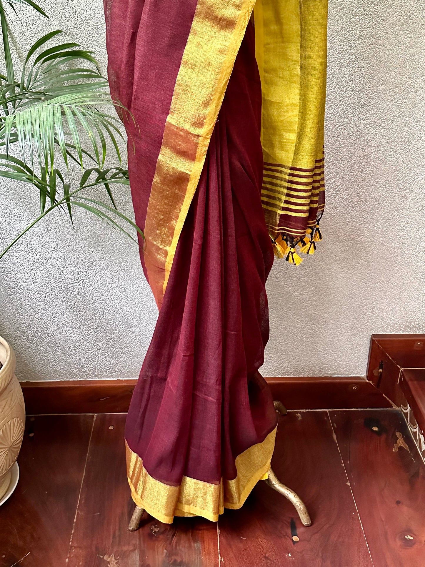 MUSTARD MAROON LINEN SARI