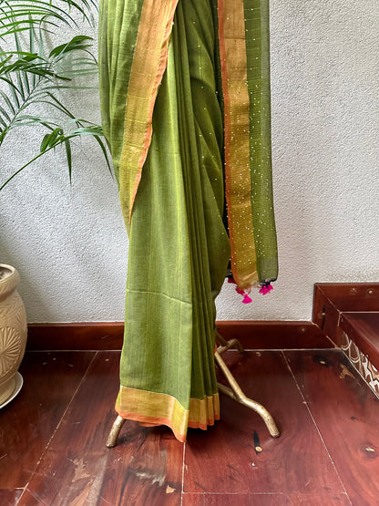 GREEN SEQUIN MUL COTTON SARI