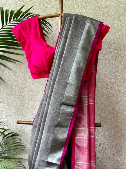 PINK GREY LINEN SARI