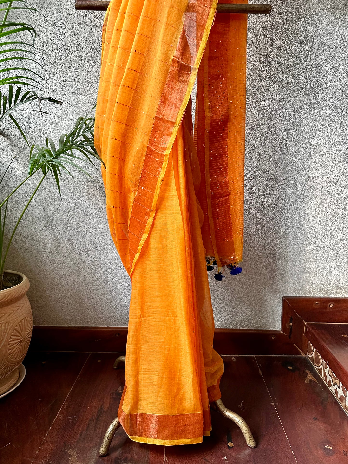 ORANGE SEQUIN MUL COTTON SARI