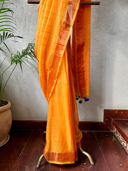 ORANGE SEQUIN MUL COTTON SARI