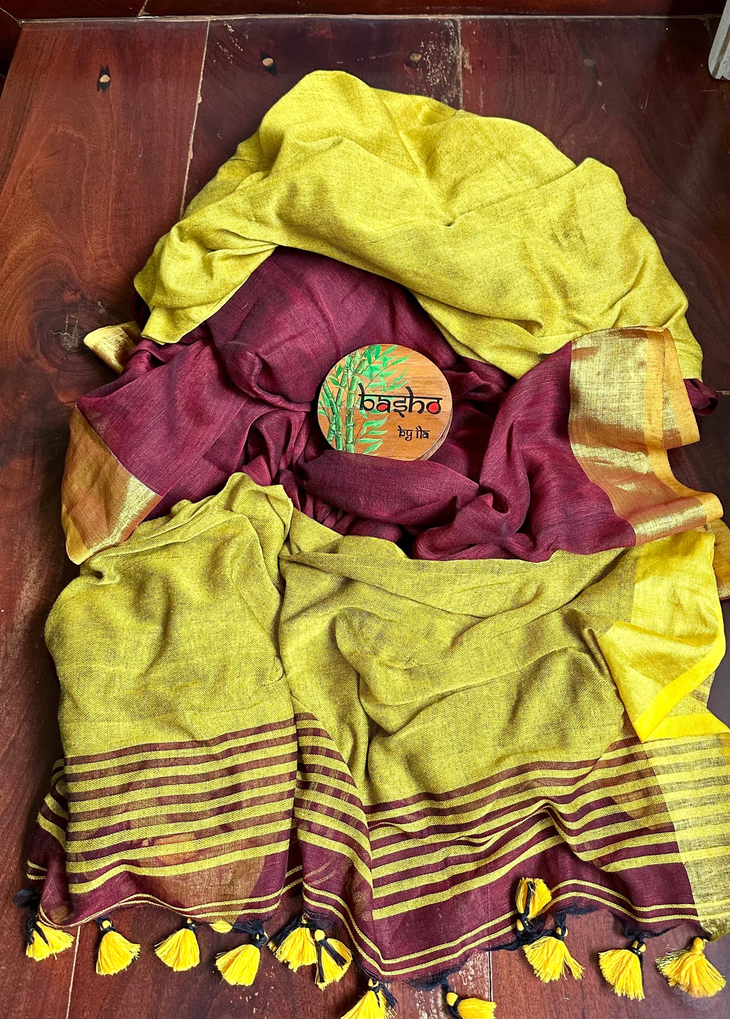 MUSTARD MAROON LINEN SARI