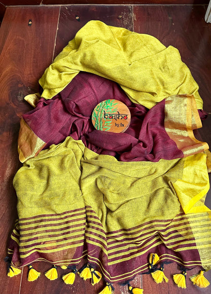 MUSTARD MAROON LINEN SARI