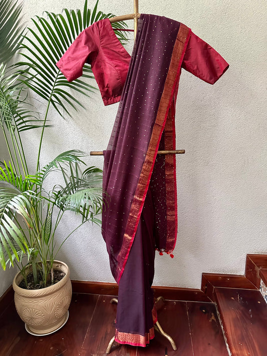 MAROON SEQUIN  MUL COTTON SARI