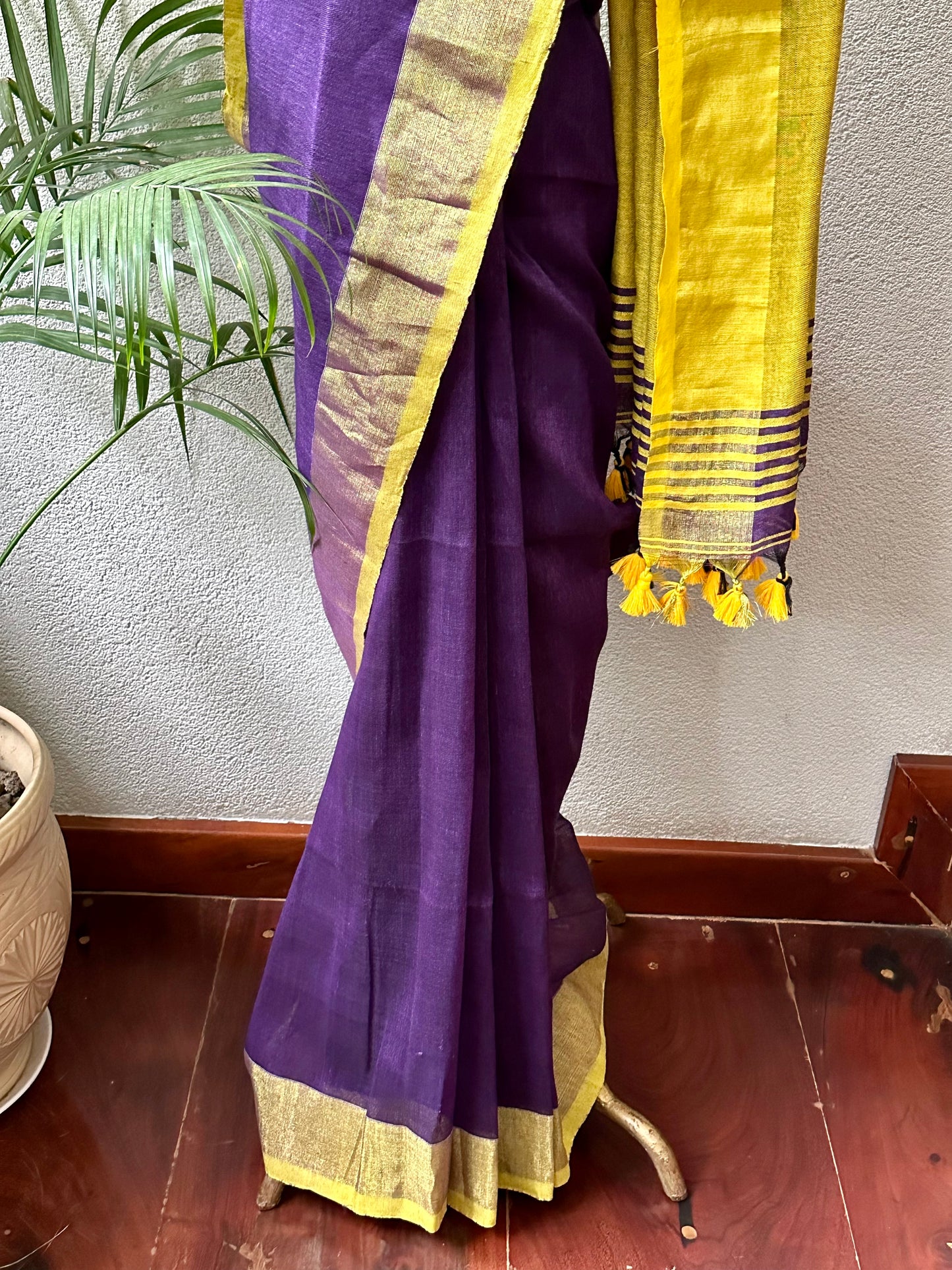 PURPLE YELLOW LINEN SARI