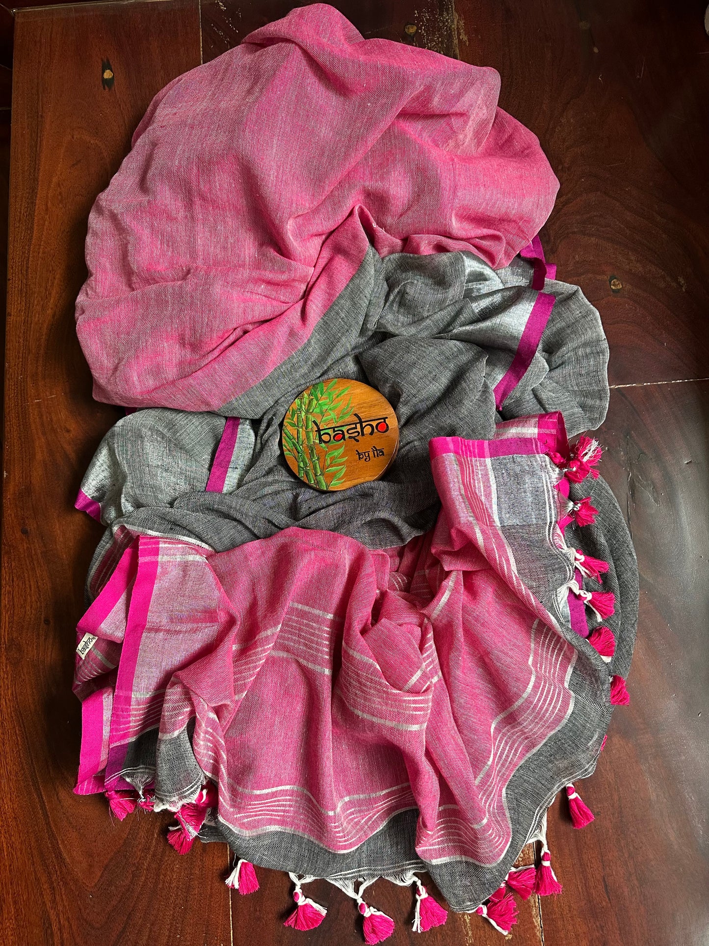 PINK GREY LINEN SARI