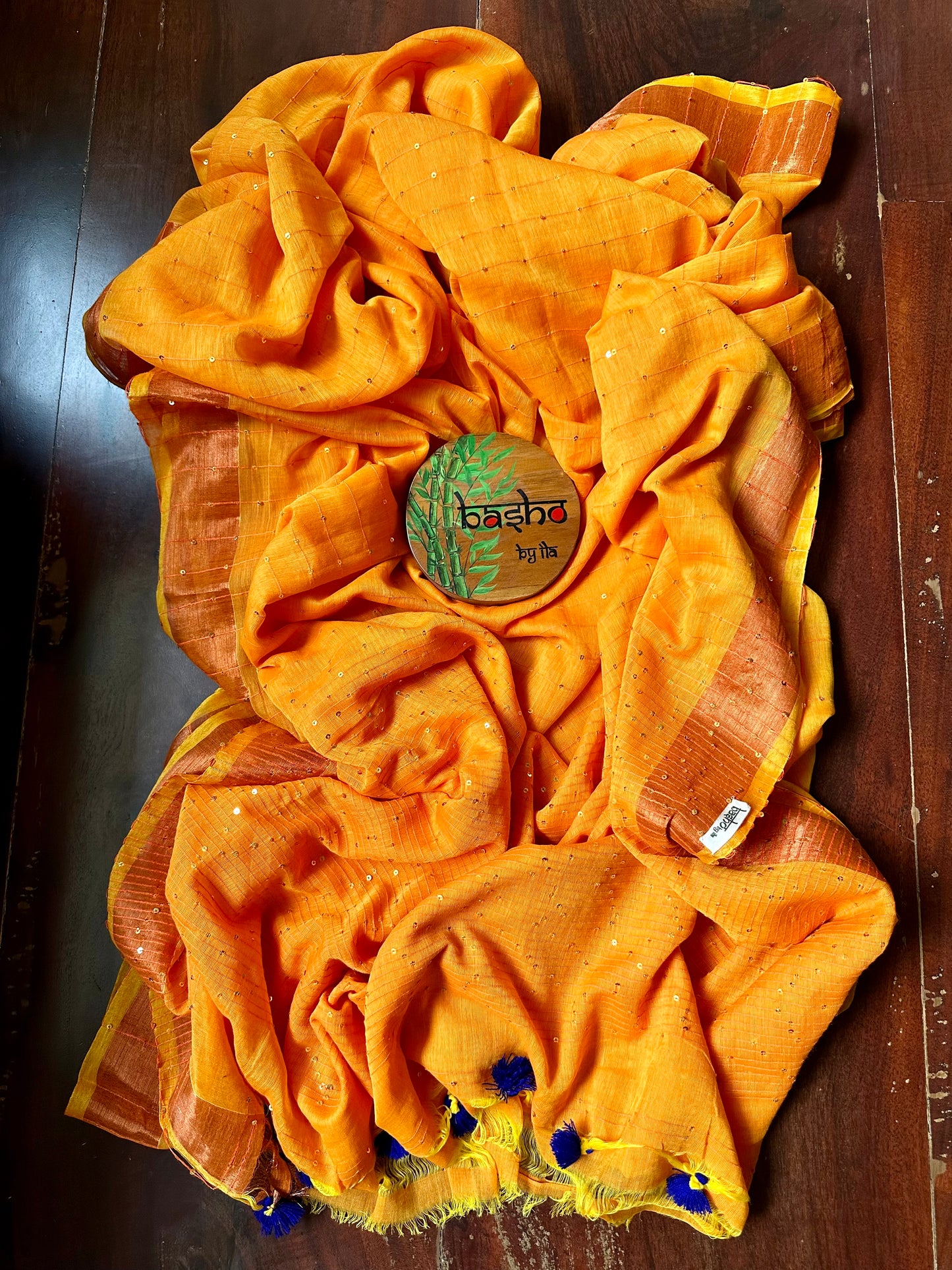 ORANGE SEQUIN MUL COTTON SARI