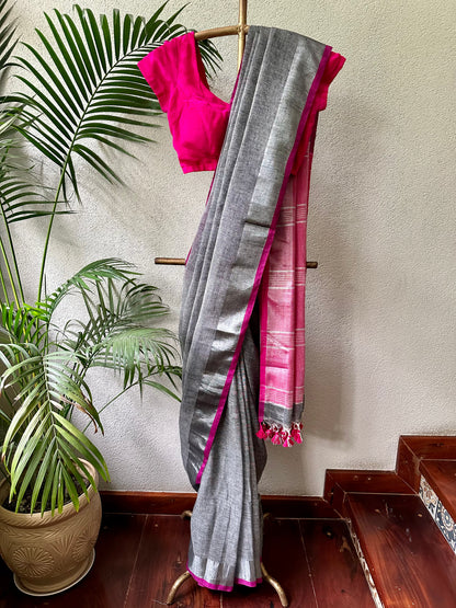 PINK GREY LINEN SARI