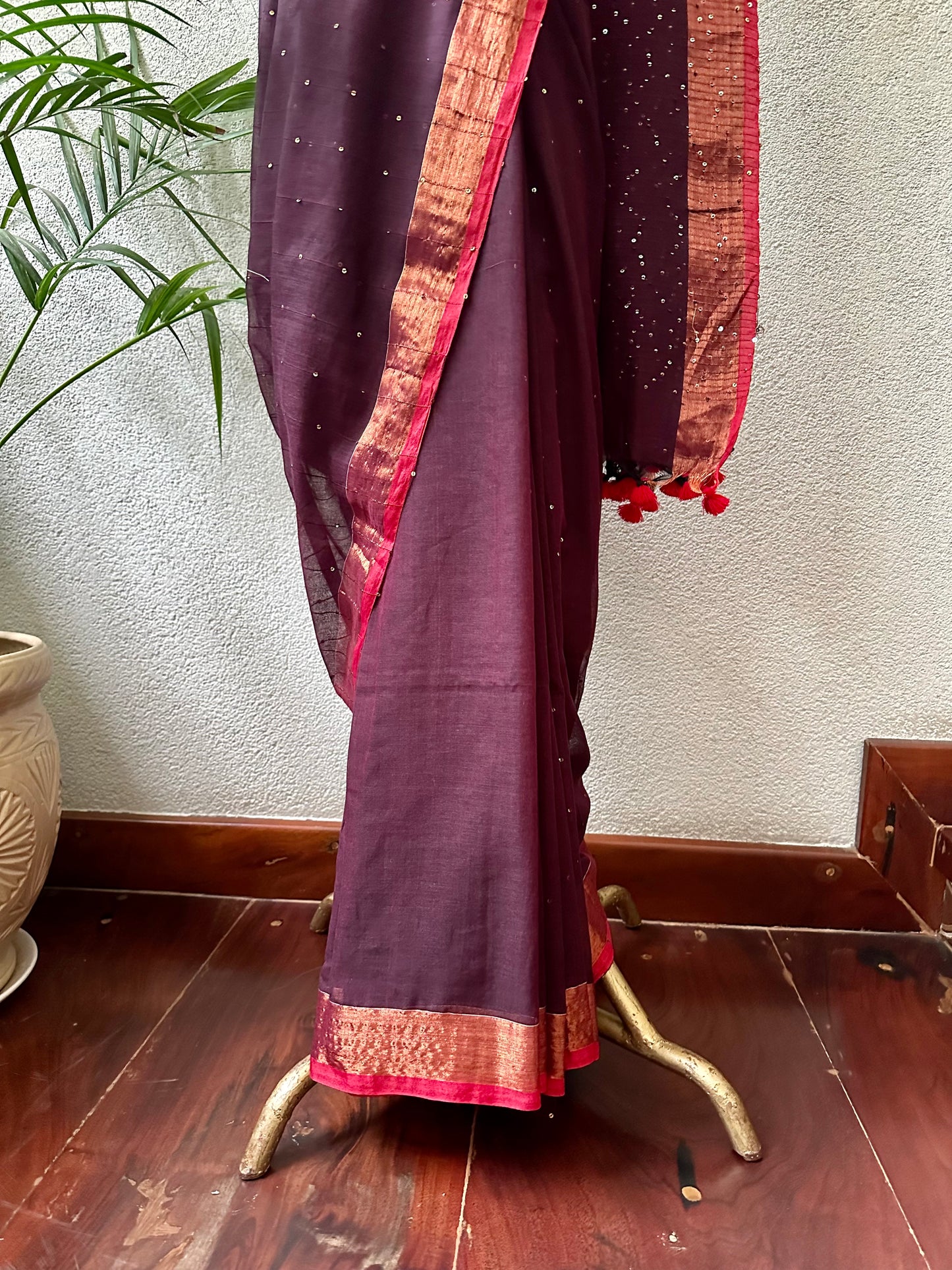 MAROON SEQUIN  MUL COTTON SARI