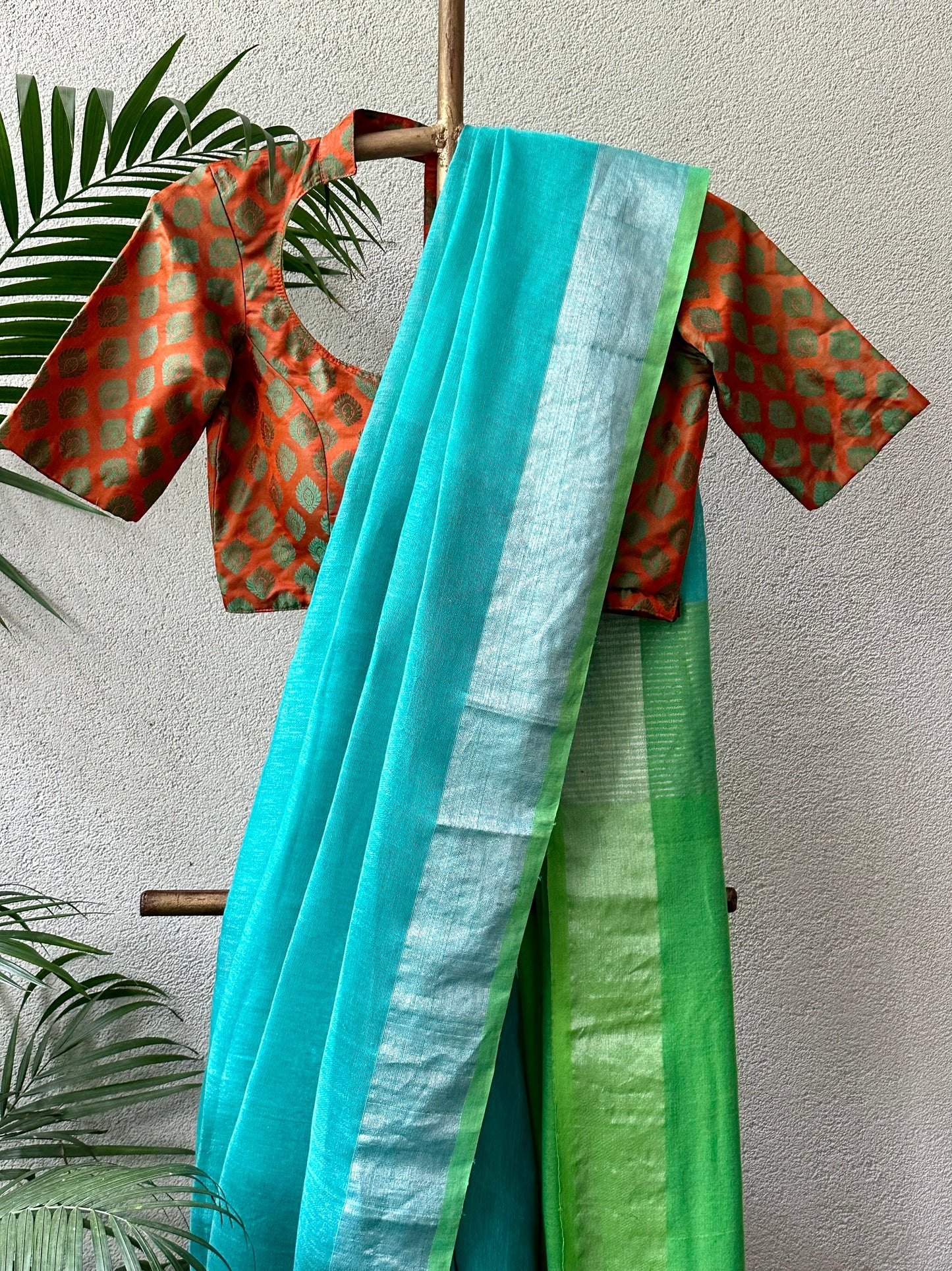 BLUE GREEN LINEN SARI