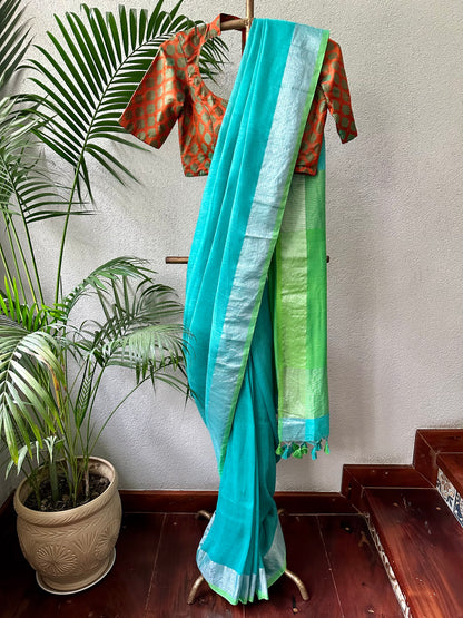 BLUE GREEN LINEN SARI