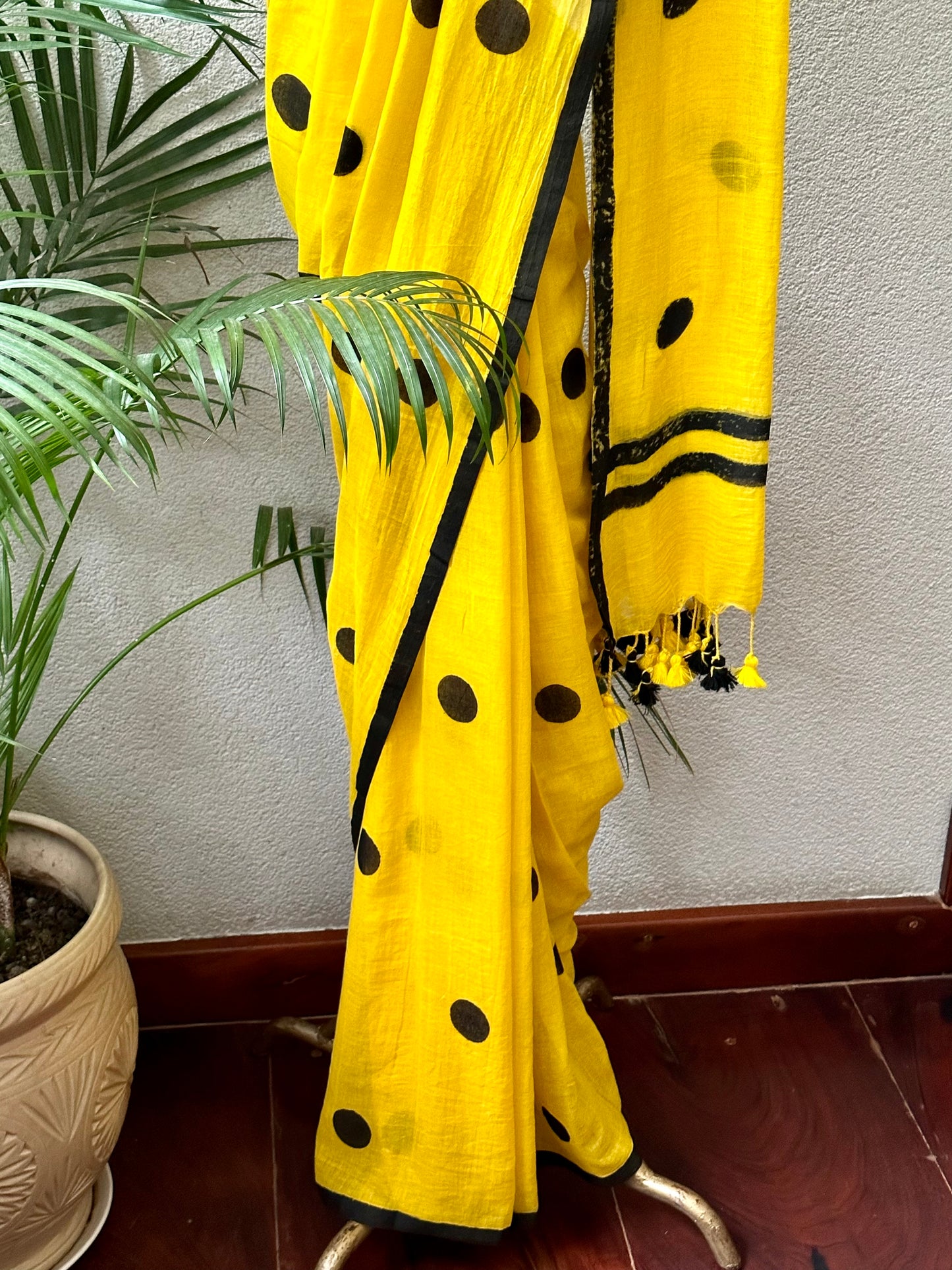 YELLOW BLACK  MUL COTTON  SAREE