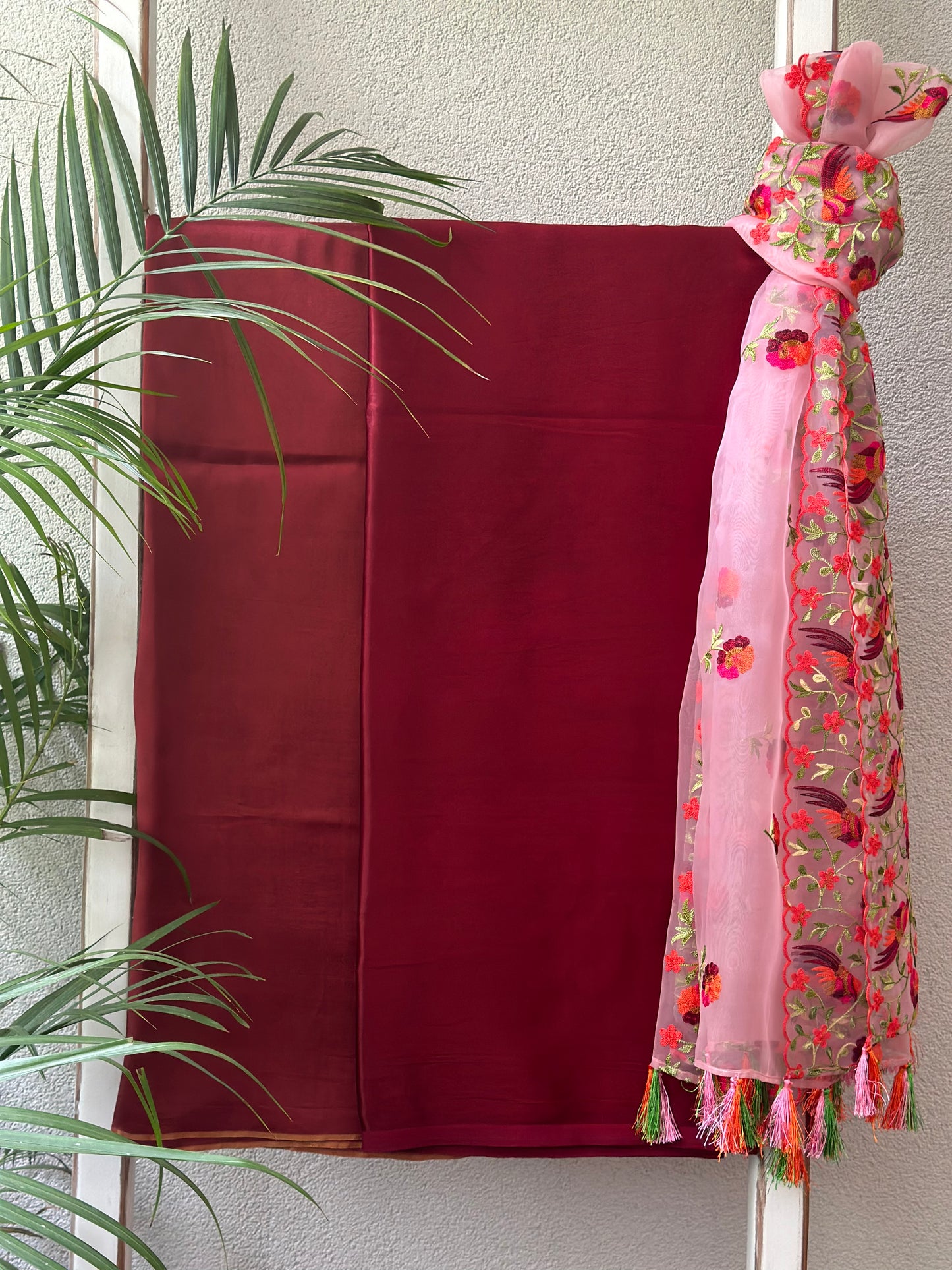 MAROON MASHRU TISSUE SUIT